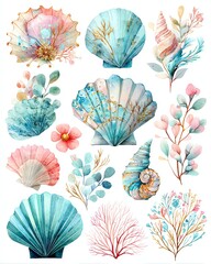 Colorful hand-painted seashells and aquatic plants.