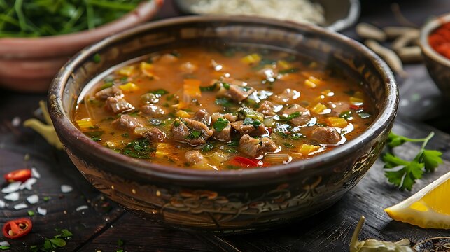 A bowl of hearty stew with meat and vegetables served on a dark wooden surface with lemon slice