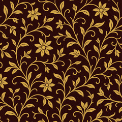 Seamless Gold Vintage Floral Pattern on Dark Brown Background Elegant Luxury Wallpaper