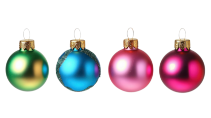 Four shiny Christmas ornaments in green, blue, pink, and purple create a vibrant holiday display.