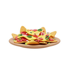 A vibrant 3D rendering of a classic plate of nachos topped with melted cheese, spicy jalapeños, and red peppers, presented as a stylized food icon illustration on a white background