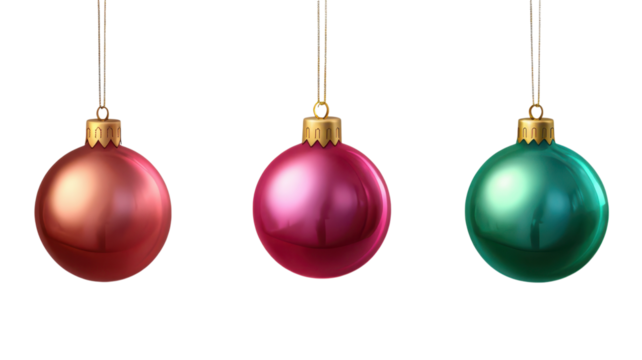 Three shiny ornaments in red, pink, and green hang on golden strings, bringing holiday cheer.