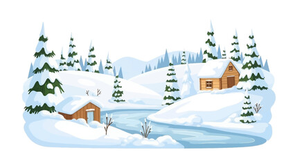 A tranquil winter landscape illustration featuring snow-covered cabins nestled by a frozen river and surrounded by pine trees