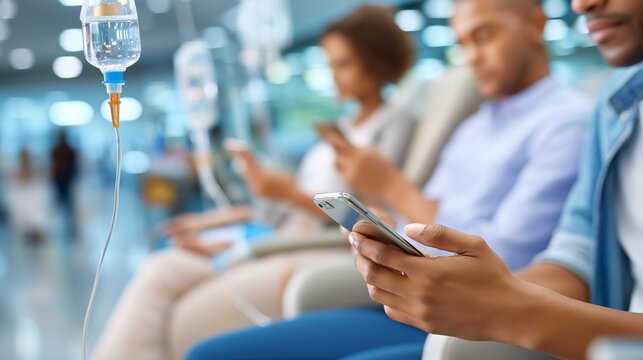 Hospital chemotherapy scene, patients using smartphones, IV medication drip, cancer treatment ward, social media connection, wellness technology integration, faceless patients seat - Powered by Adobe