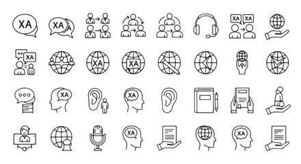 Set of translation and interpretation icons simple line vector symbols for global communication isol