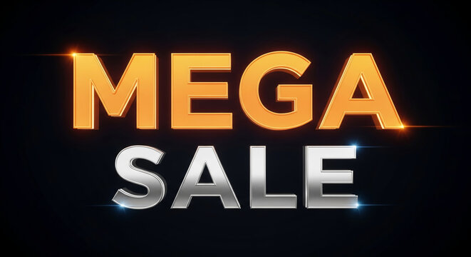 Image of "MEGA SALE" text with orange and silver colors, representing promotional event and commercial opportunity for business, sale, and marketing