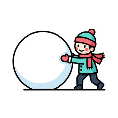 A child in winter clothes pushes a giant snowball across the snowy ground.