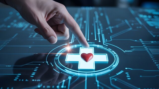 Hand interacting with futuristic digital healthcare interface