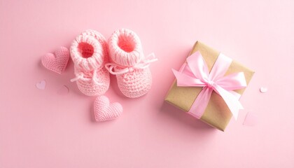Adorable pink baby booties with knitted hearts and a sweet gift wrapped in pink ribbon create a charming announcement or invitation for a delightful baby shower celebration