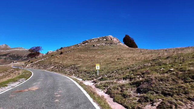 Driving through the Roncal Valley from Isaba to Puerto de Larrau, Valle de Roncal in Navarre, Navarra Spain, Europe