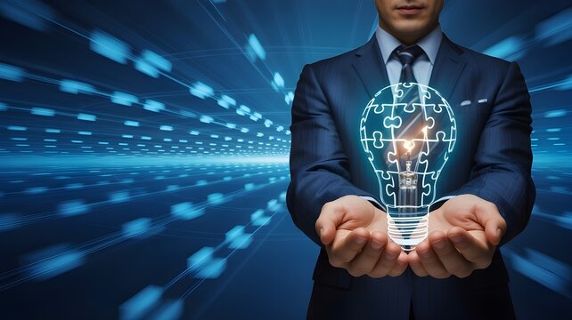 Businessman holding a glowing digital lightbulb representing innovation and technology