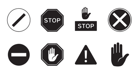 Set of prohibition and warning icons simple glyph vector design isolated on white background