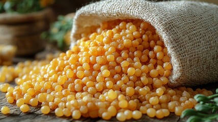 Golden Millet Grains Spilling from Burlap Sack for Grain Packaging Healthy Food Advertisement Organic Product Promotion Poster