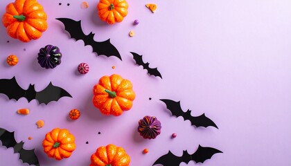 Festive Halloween scene with vibrant pumpkins and spooky black bats arranged on a pastel purple backdrop creating a playful seasonal vibe for fall celebrations