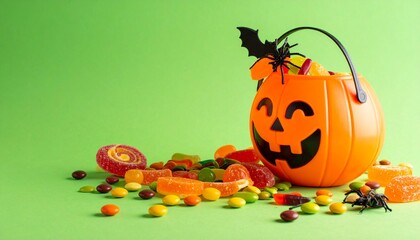 Get ready for Halloween fun with a colorful bucket of candy and spooky decorations, perfect for holiday promotions, festive designs, and sweet celebrations