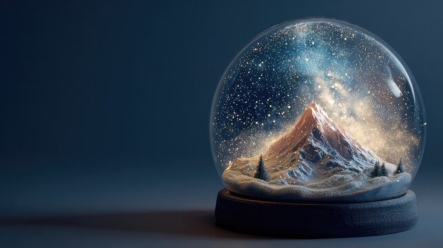 Enchanting winter wonderland with snow-covered mountains and twinkling stars inside a magical snow globe, perfect for holiday promotions and festive designs, conveying peace and wonder