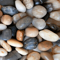 Background of round colored sea pebbles, close-up