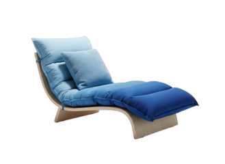 Modern chaise lounge with curved wooden frame and blue gradient upholstered cushions in studio lighting on a transparent background