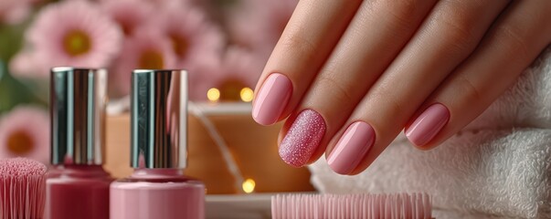 Woman receives a pink manicure at a chic salon with nail tools and floral decor
