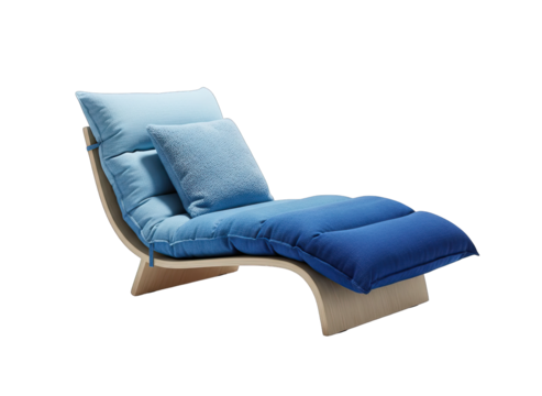 Modern chaise lounge with curved wooden frame and blue gradient upholstered cushions in studio lighting on a transparent background