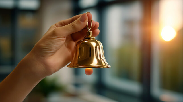 Cancer therapy completion, bell ringing ceremony, sunlit hospital room, hope triumph symbolism, young patient celebration, treatment ending milestone, emotional victory moment, def