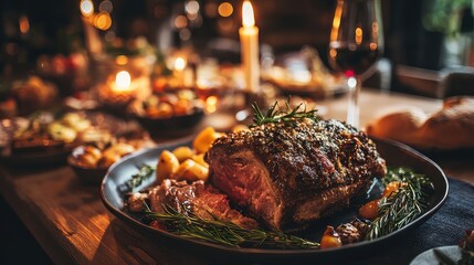 Savor the Flavor Delicious roasted beef ribeye with rosemary and potatoes, a warm candlelit glow and elegant wine setting the mood for memorable dinner parties and gourmet food experiences