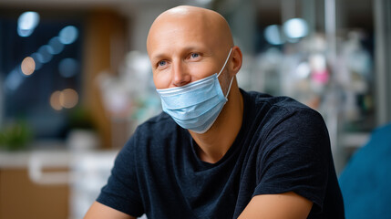 Chemotherapy patient portrait, bald man wearing mask, cancer treatment scene, protective health measure, medical care recipient, hospital ward setting, faceless patient partial vie