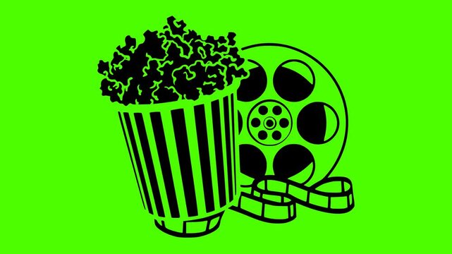 box illustration popcorn silhouette cinema logo video icon green outline screen snack bucket food corn entertainment movie white striped shape up vector graphic background