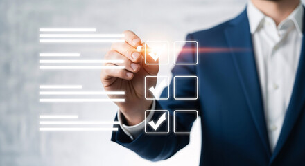 Man in suit completing a digital checklist with a pen showing completed tasks with check marks