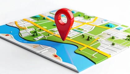 A GPS map or city map illustration with a location pin icon for navigation and travel direction