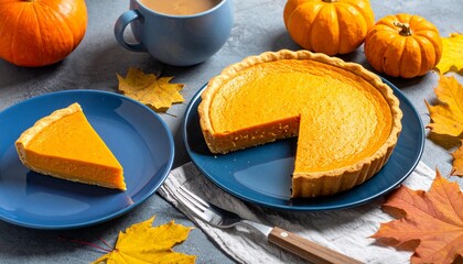 Enjoy a slice of homemade pumpkin pie with coffee this autumn season, perfect for Thanksgiving ads, fall baking blogs, seasonal recipes and cozy family gatherings