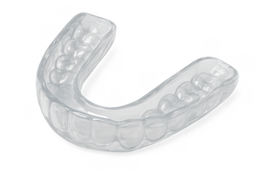 Transparent dental bruxism night guard for teeth protection and alignment, orthotic mouthpiece on transparent background