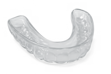 Clear dental night guard protecting teeth from bruxism and grinding, orthodontics for oral health on transparent background