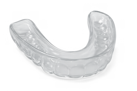 Clear dental night guard protecting teeth from bruxism and grinding, orthodontics for oral health on transparent background