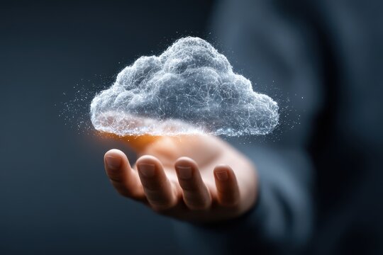 Businessman presents a digital cloud hologram, illustrating advanced cloud computing and technology in action