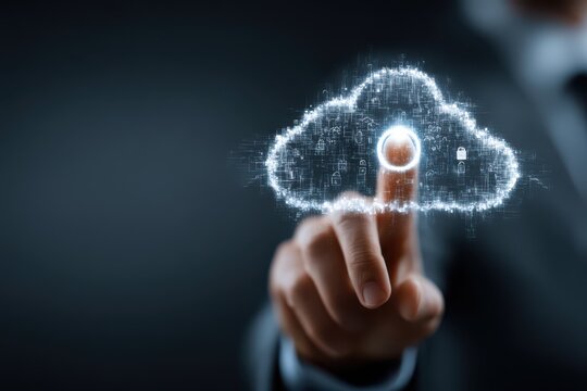 Businessman points at a glowing cloud to scan cloud technology with security icons and network connections