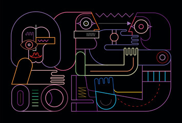 Neon colors line art design isolated on a black background Three Women vector illustration.