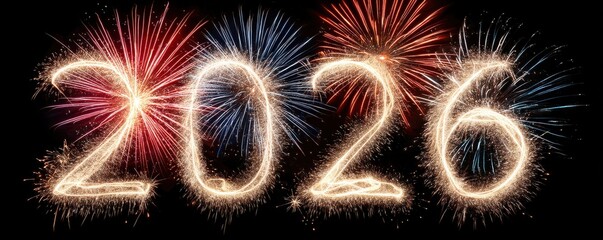 Fireworks spell out 2026 to welcome the new year on a dramatic black night backdrop