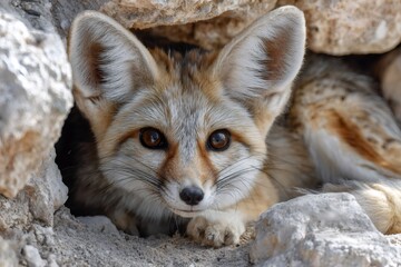Obraz premium Blanford's fox peeking out from rocky den