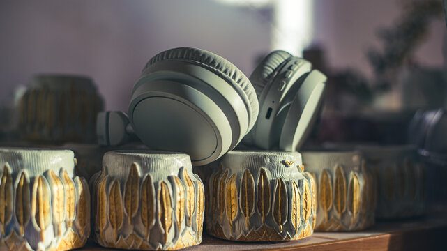 The audio headphones in the pottery workshop lie on ready-made candle pots. candlesticks for candles made of plaster or clay are white with gold. High quality photo