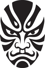 Striking black and white illustration of a traditional japanese oni mask design