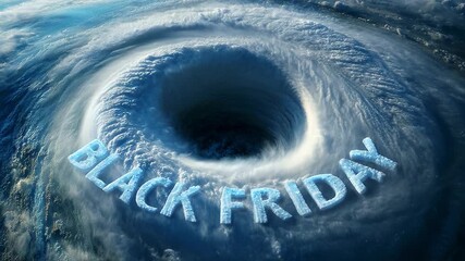 A mesmerizing visual metaphor for commercial frenzy, showcasing a swirling vortex with the chilling text 'Black Friday' artistically rendered in ice, evoking both urgency and excitement.