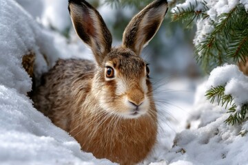 Fototapeta premium Brown hare observing snowy winter forest environment
