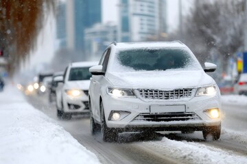 White car driving on snowy city street in winter