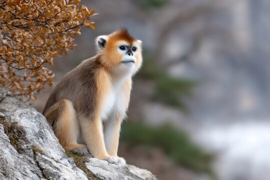 Golden snub nosed monkey resting on rock looking away