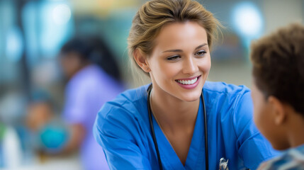 Healthcare professional smiling, young patient treatment, hospital care setting, friendly nurse interaction, therapeutic service quality, professional medical compassion, faceless 