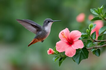 Fototapeta premium Hummingbird flying near pink hibiscus flower for nectar