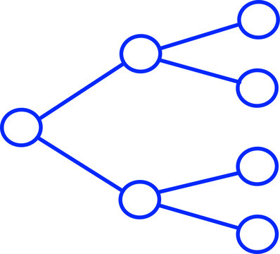 Minimalist blue line illustration of a binary tree or simple network graph structure, representing connections or hierarchical data.