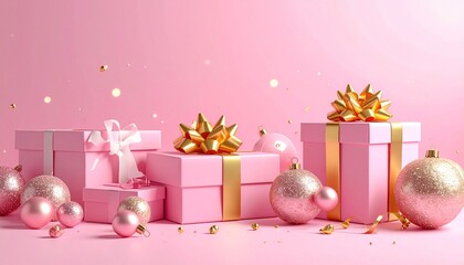 Elegant pink Christmas presents with gold accents create a festive and cheerful atmosphere, perfect for holiday promotions and heartwarming seasonal campaigns