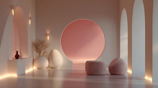 Serene pastel interior with abstract shapes and soft lighting creating a dreamy ambiance - Powered by Adobe